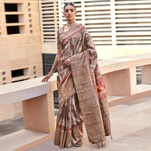 Brown Digital Printed Art Silk Saree With Tassels