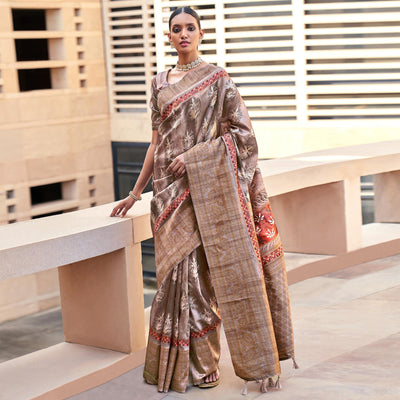 Brown Digital Printed Art Silk Saree With Tassels