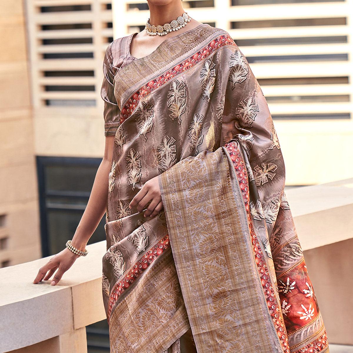 Brown Digital Printed Art Silk Saree With Tassels