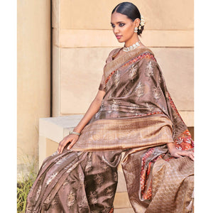Brown Digital Printed Art Silk Saree With Tassels