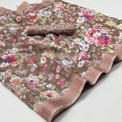 Brown Digital Printed Cotton Silk Saree