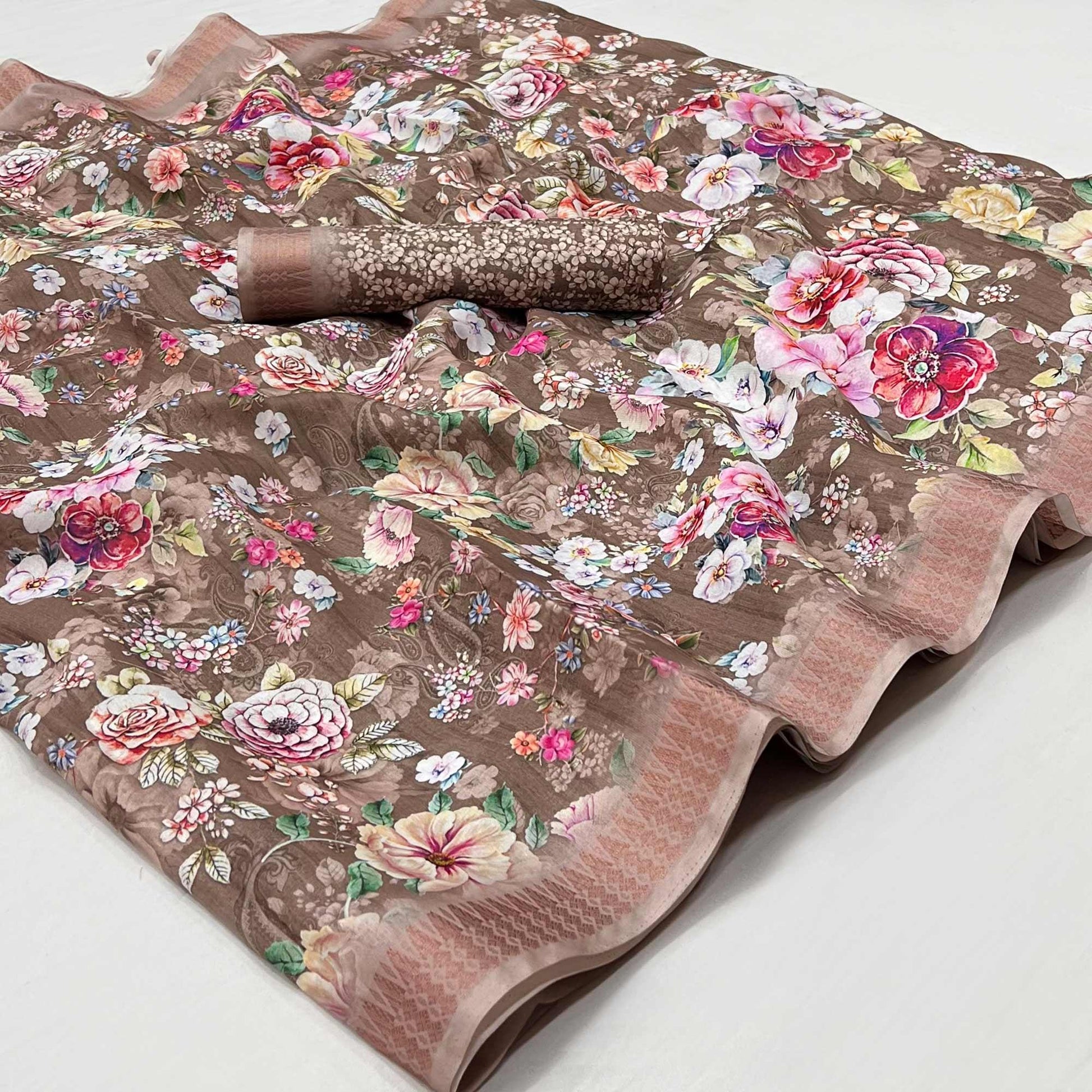 Brown Digital Printed Cotton Silk Saree