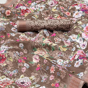 Brown Digital Printed Cotton Silk Saree