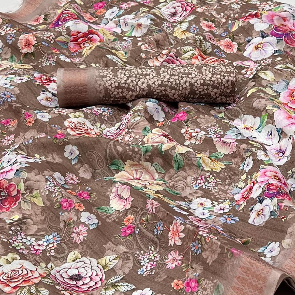 Brown Digital Printed Cotton Silk Saree