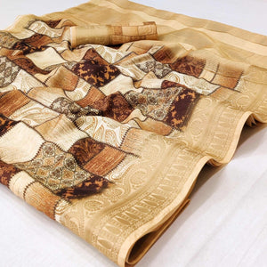 Brown Digital Printed Dola Silk Saree