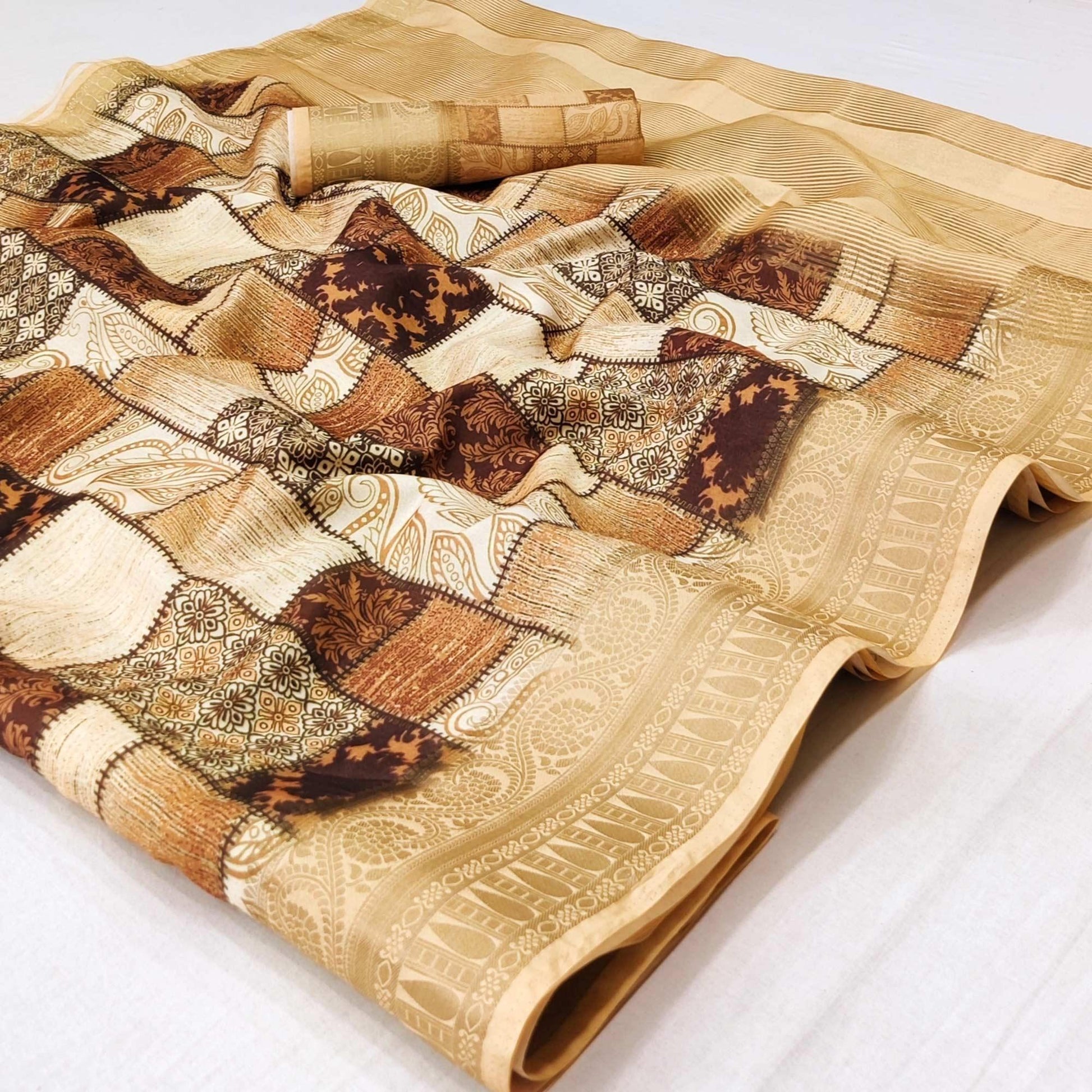 Brown Digital Printed Dola Silk Saree