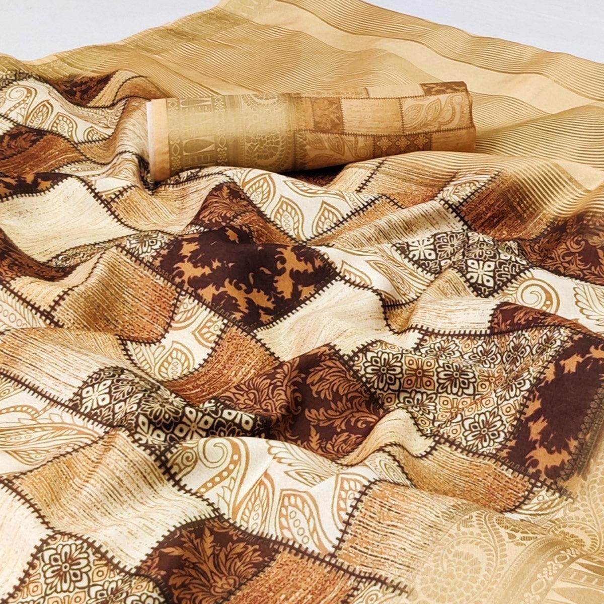 Brown Digital Printed Dola Silk Saree
