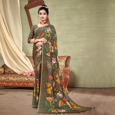 Brown Digital Printed Georgette Saree