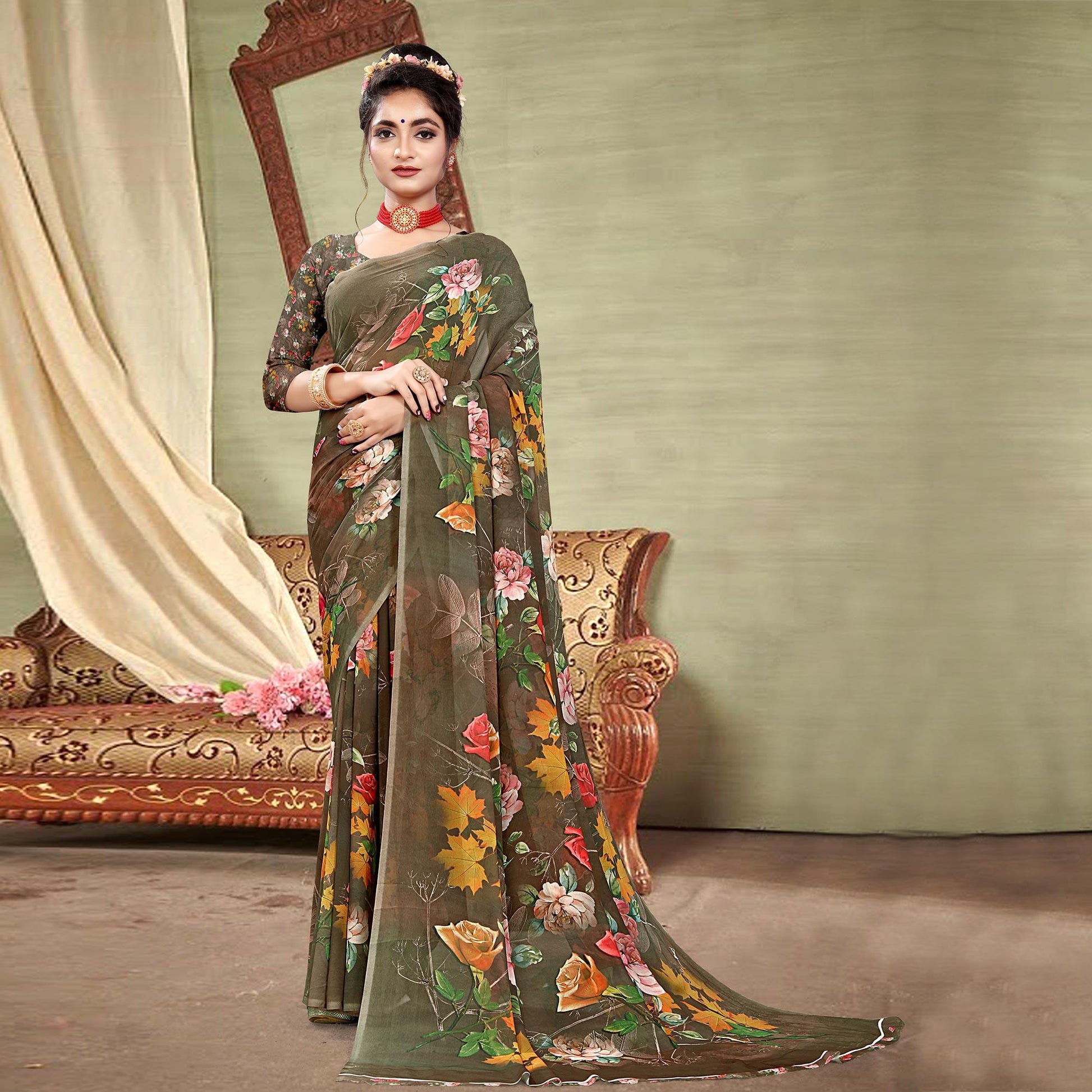 Brown Digital Printed Georgette Saree