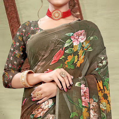Brown Digital Printed Georgette Saree