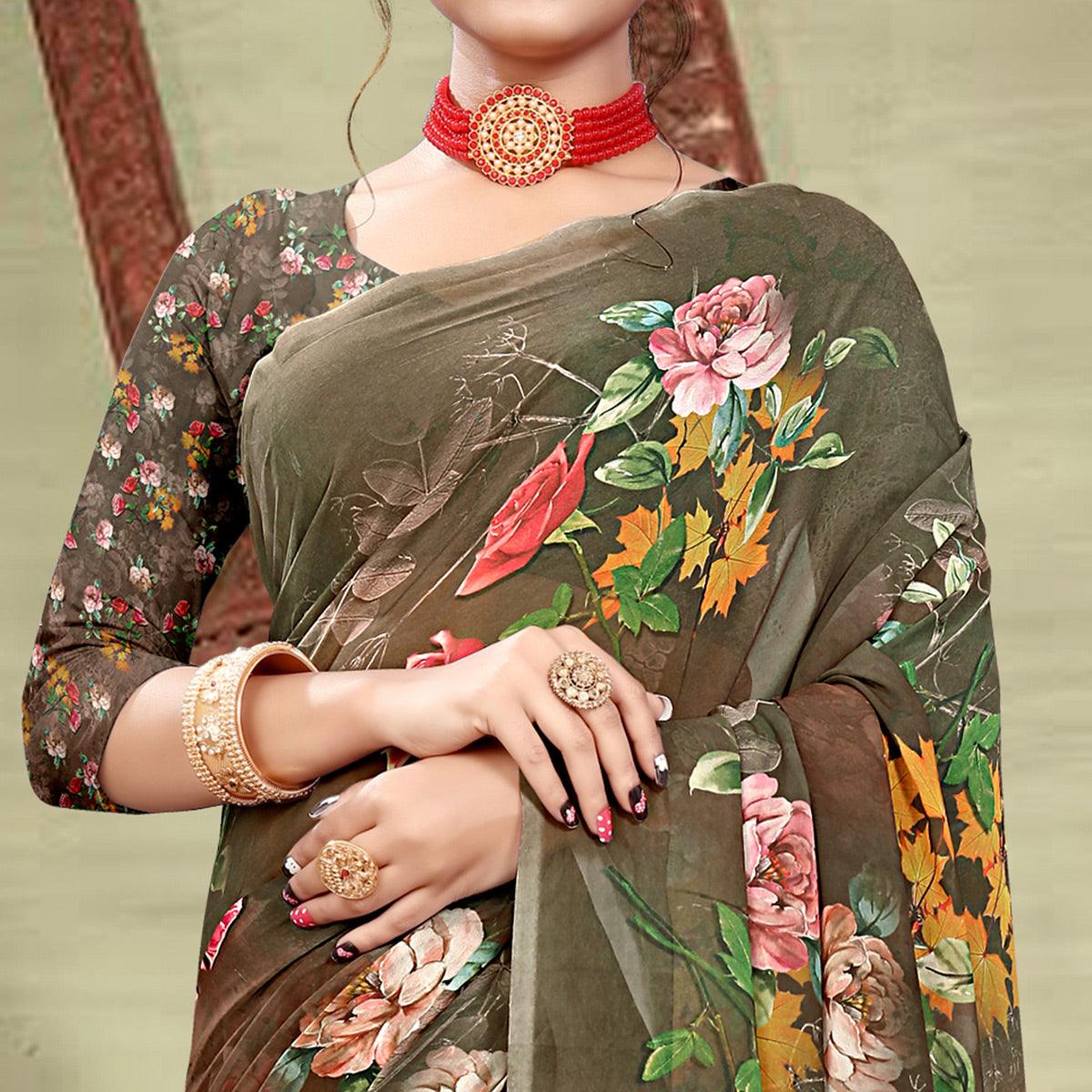 Brown Digital Printed Georgette Saree