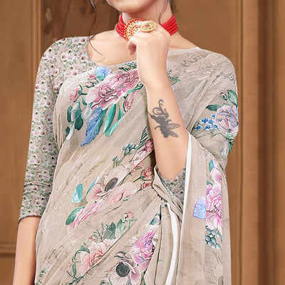 Brown Digital Printed Georgette Saree
