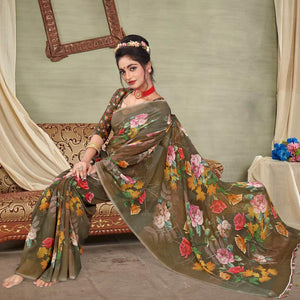 Brown Digital Printed Georgette Saree
