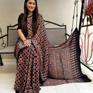 Brown Digital Printed Linen Saree