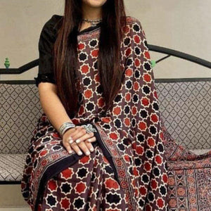 Brown Digital Printed Linen Saree