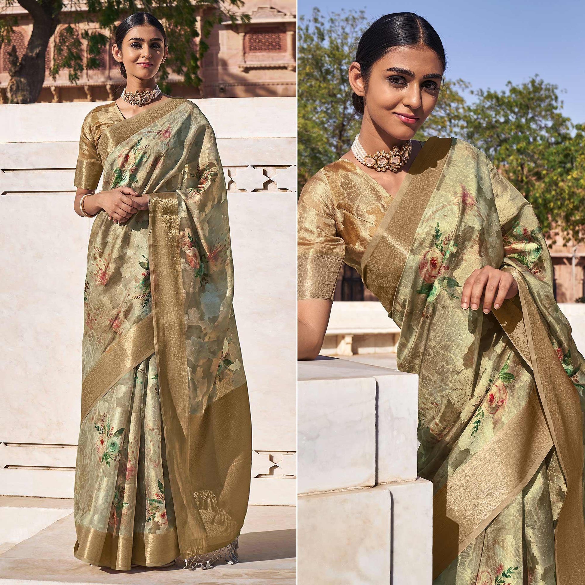 Brown Digital Printed Cotton Blend Saree