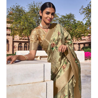 Brown Digital Printed Cotton Blend Saree