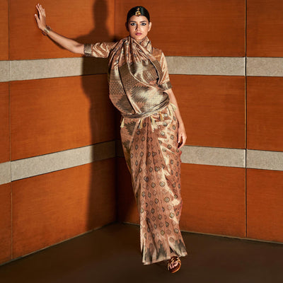 Brown digital Printed Raw Silk Saree With Tassels