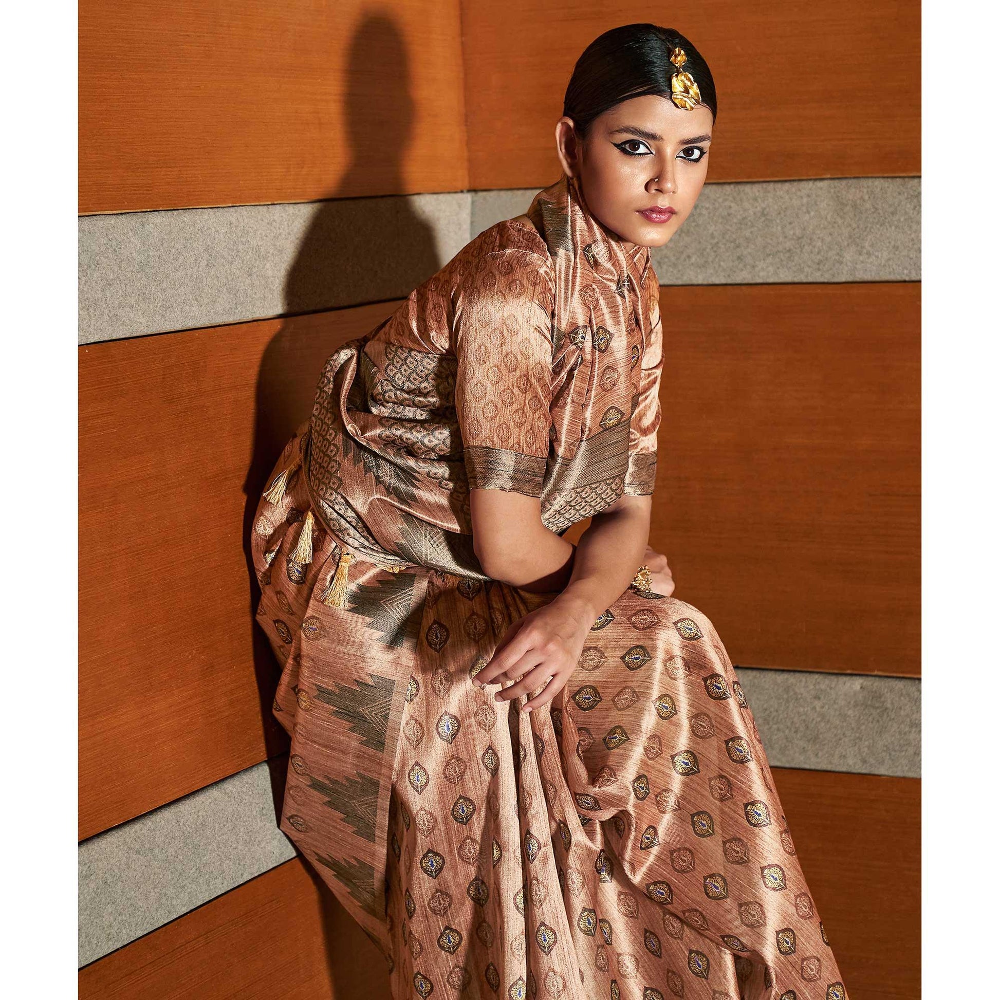 Brown digital Printed Raw Silk Saree With Tassels