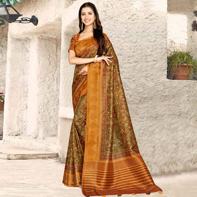 Brown Digital Printed Tussar Silk Saree With Tassels