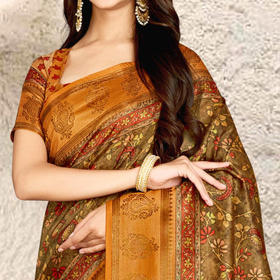 Brown Digital Printed Tussar Silk Saree With Tassels