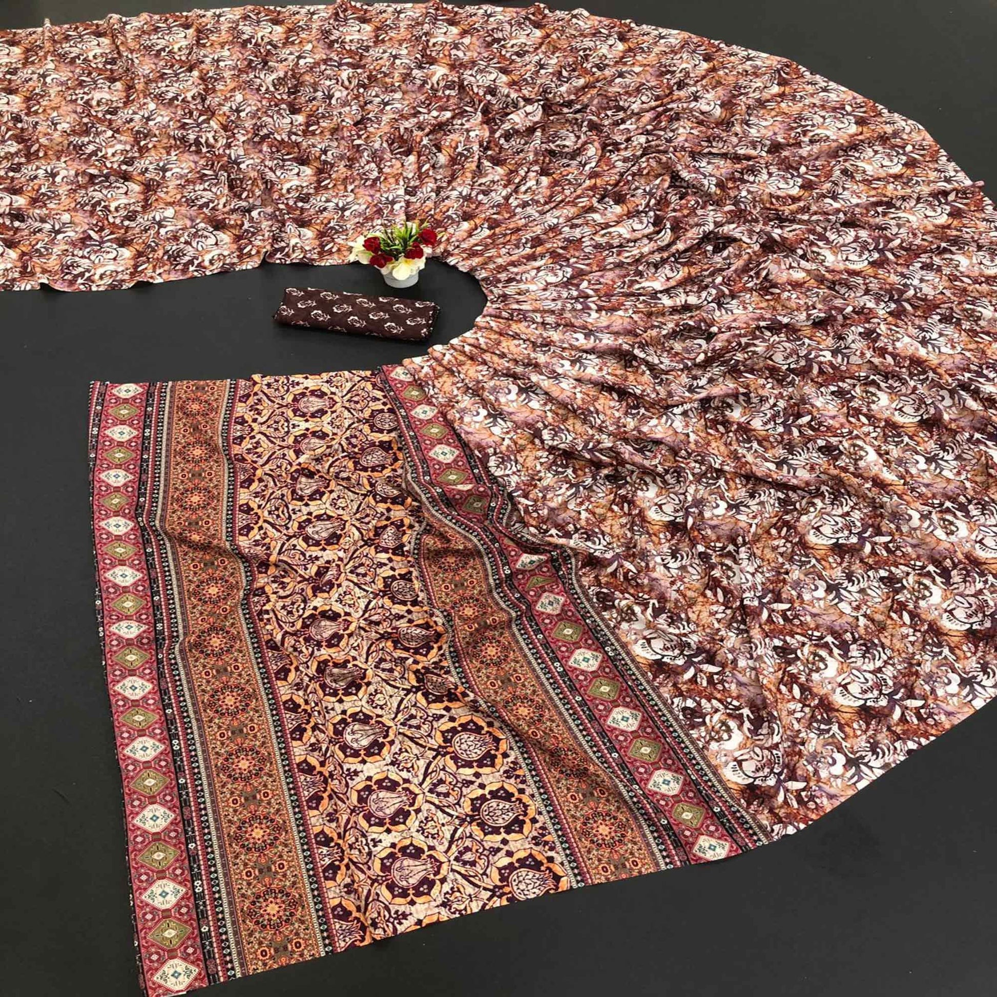 Brown Digital Printed Vichitra Silk Saree