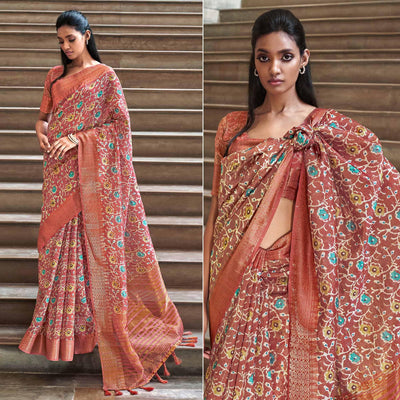 Brown Digital Printed-Woven Art Silk Saree With Tassels