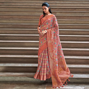 Brown Digital Printed-Woven Art Silk Saree With Tassels