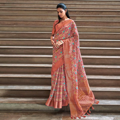 Brown Digital Printed-Woven Art Silk Saree With Tassels