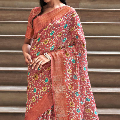 Brown Digital Printed-Woven Art Silk Saree With Tassels