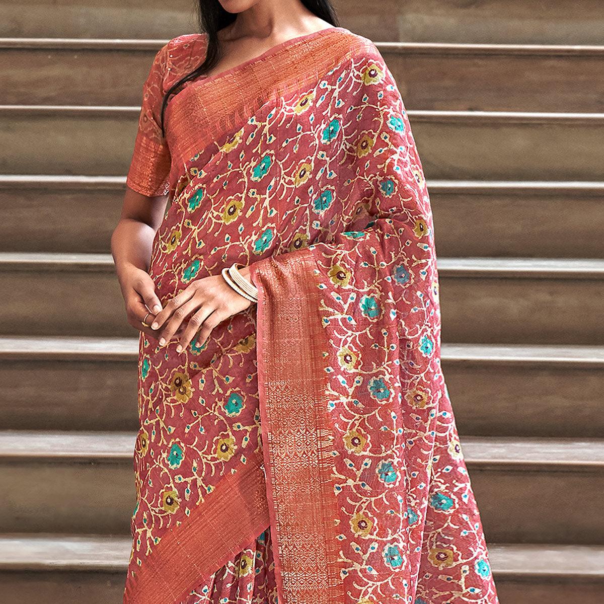 Brown Digital Printed-Woven Art Silk Saree With Tassels