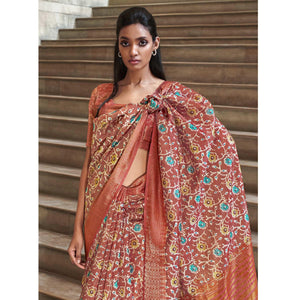 Brown Digital Printed-Woven Art Silk Saree With Tassels