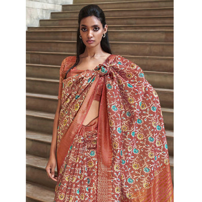 Brown Digital Printed-Woven Art Silk Saree With Tassels