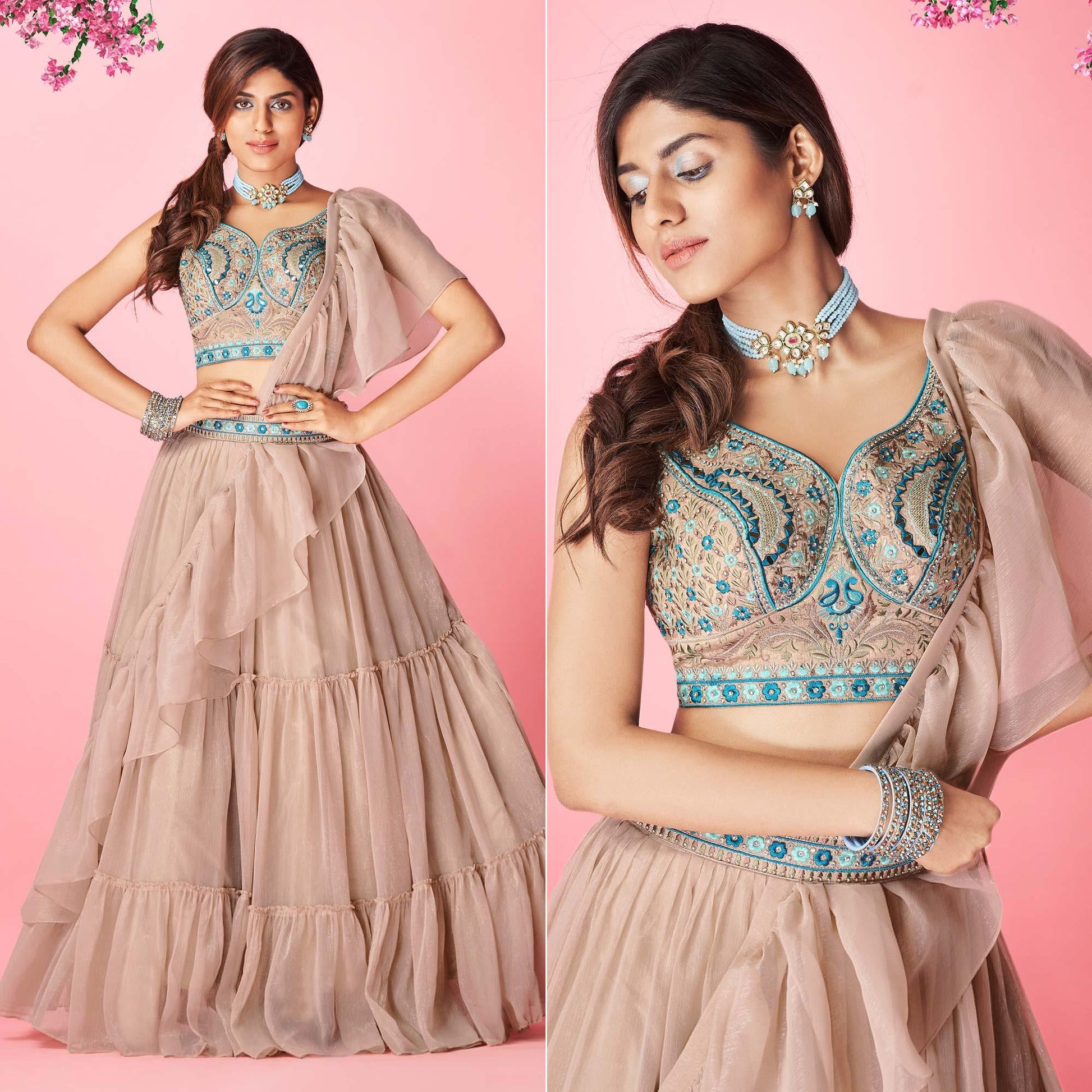 Brown Embellished With Embroidered Chiffon Lehenga Choli