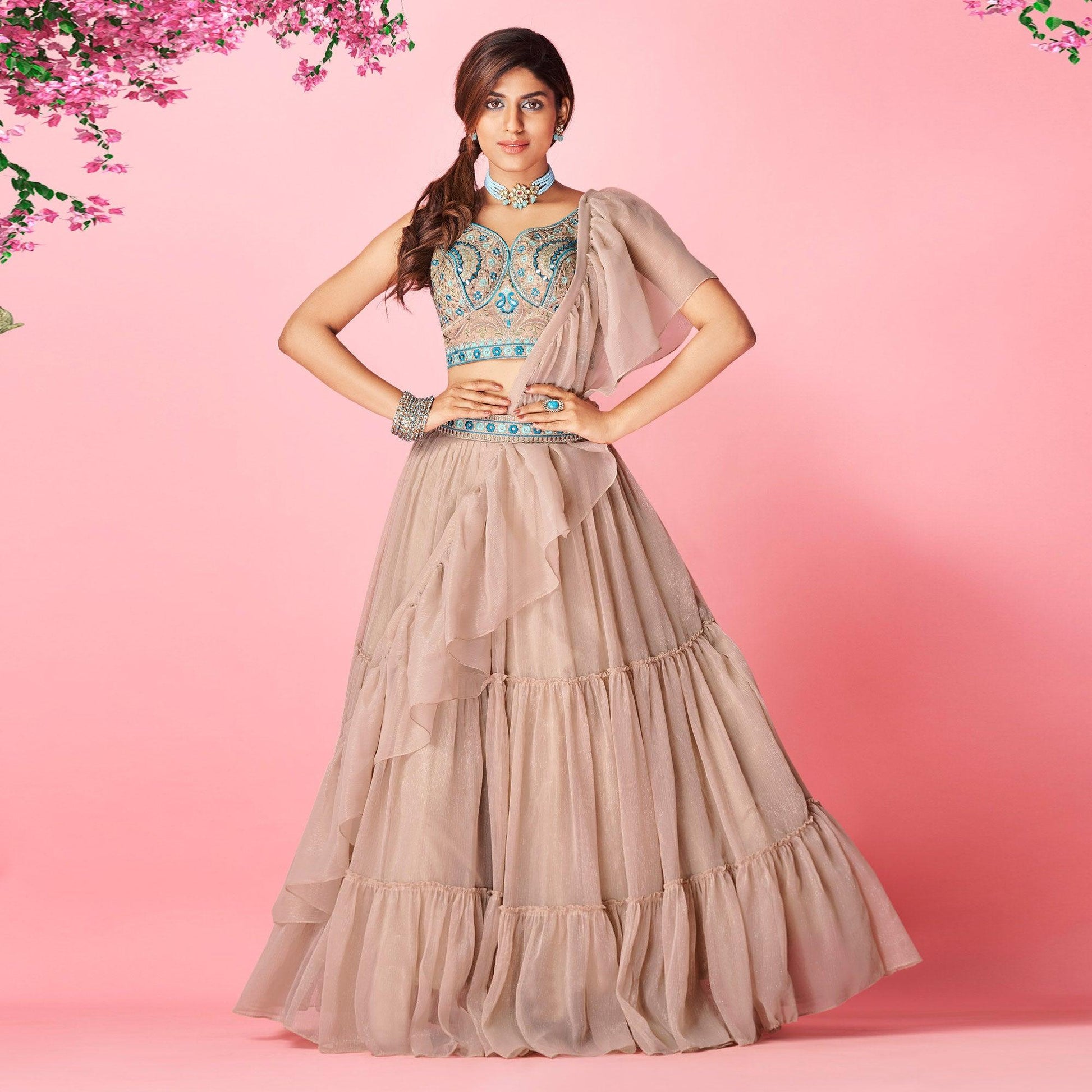 Brown Embellished With Embroidered Chiffon Lehenga Choli