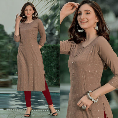 Brown Embellished With Embroidered Cotton Kurti
