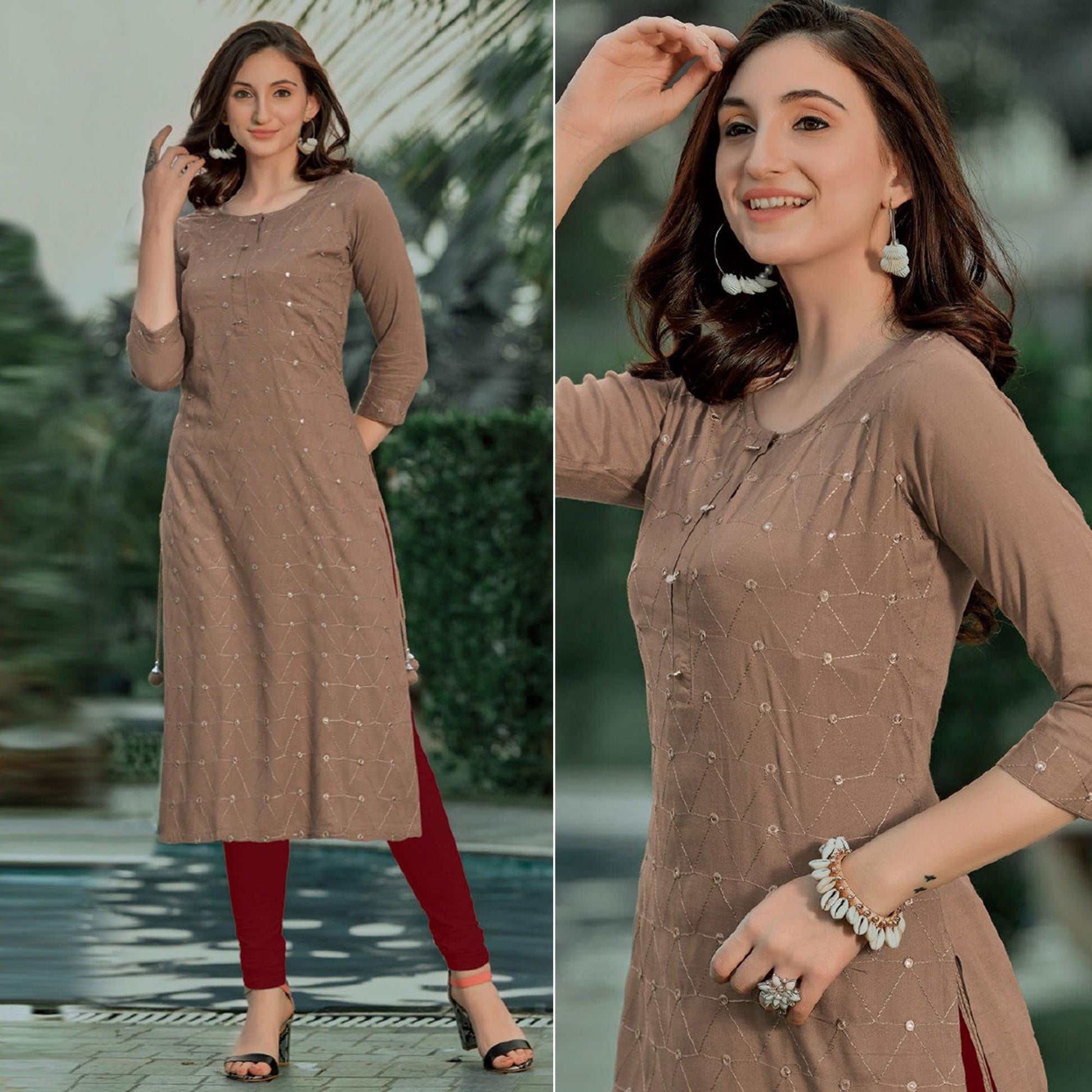 Brown Embellished With Embroidered Cotton Kurti