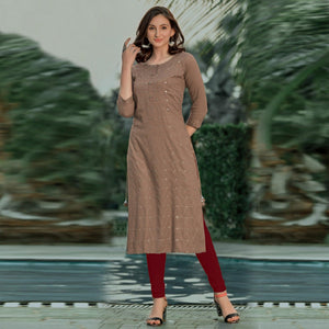 Brown Embellished With Embroidered Cotton Kurti