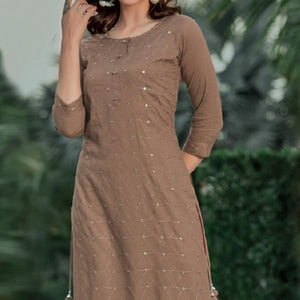 Brown Embellished With Embroidered Cotton Kurti