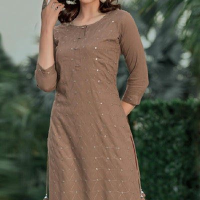 Brown Embellished With Embroidered Cotton Kurti