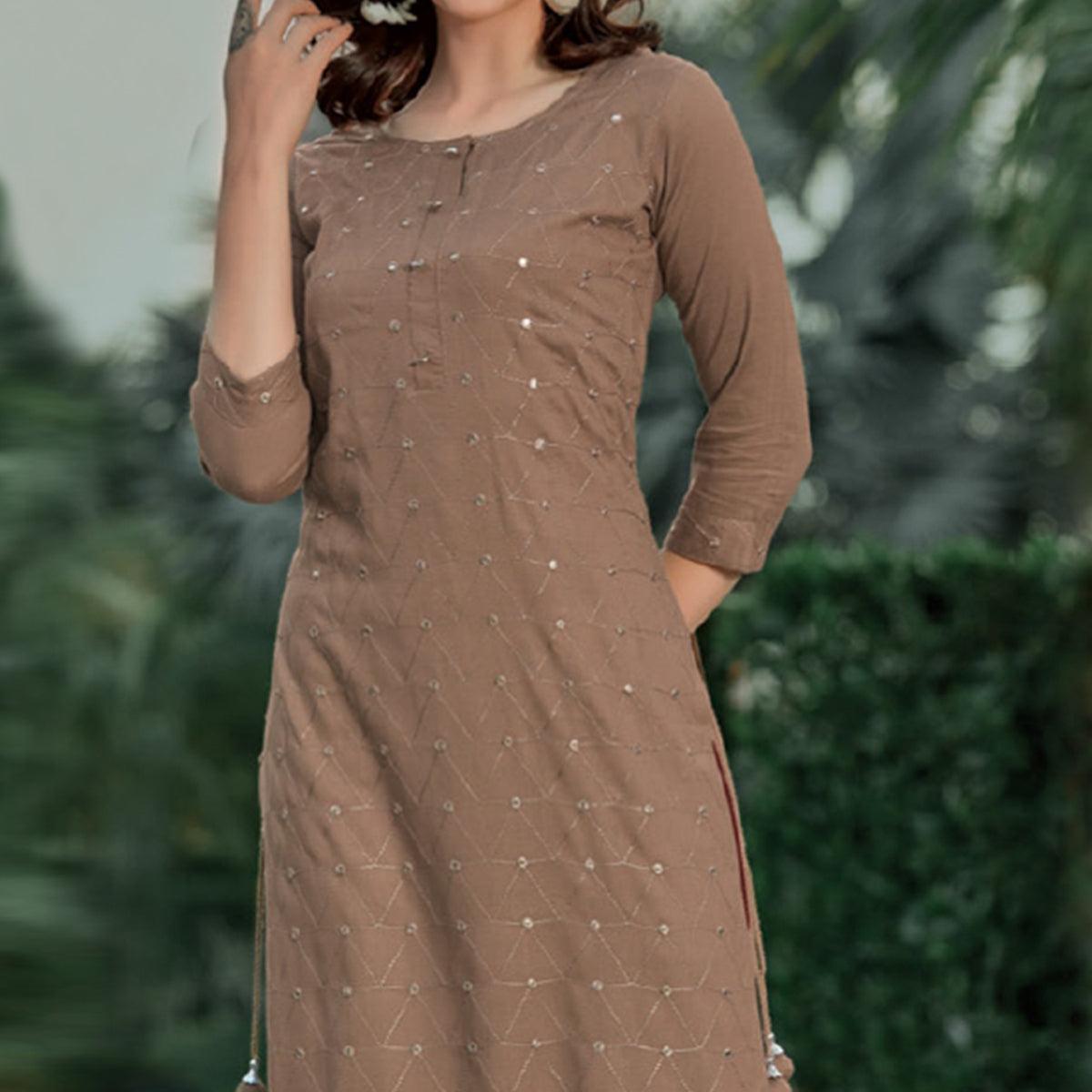 Brown Embellished With Embroidered Cotton Kurti