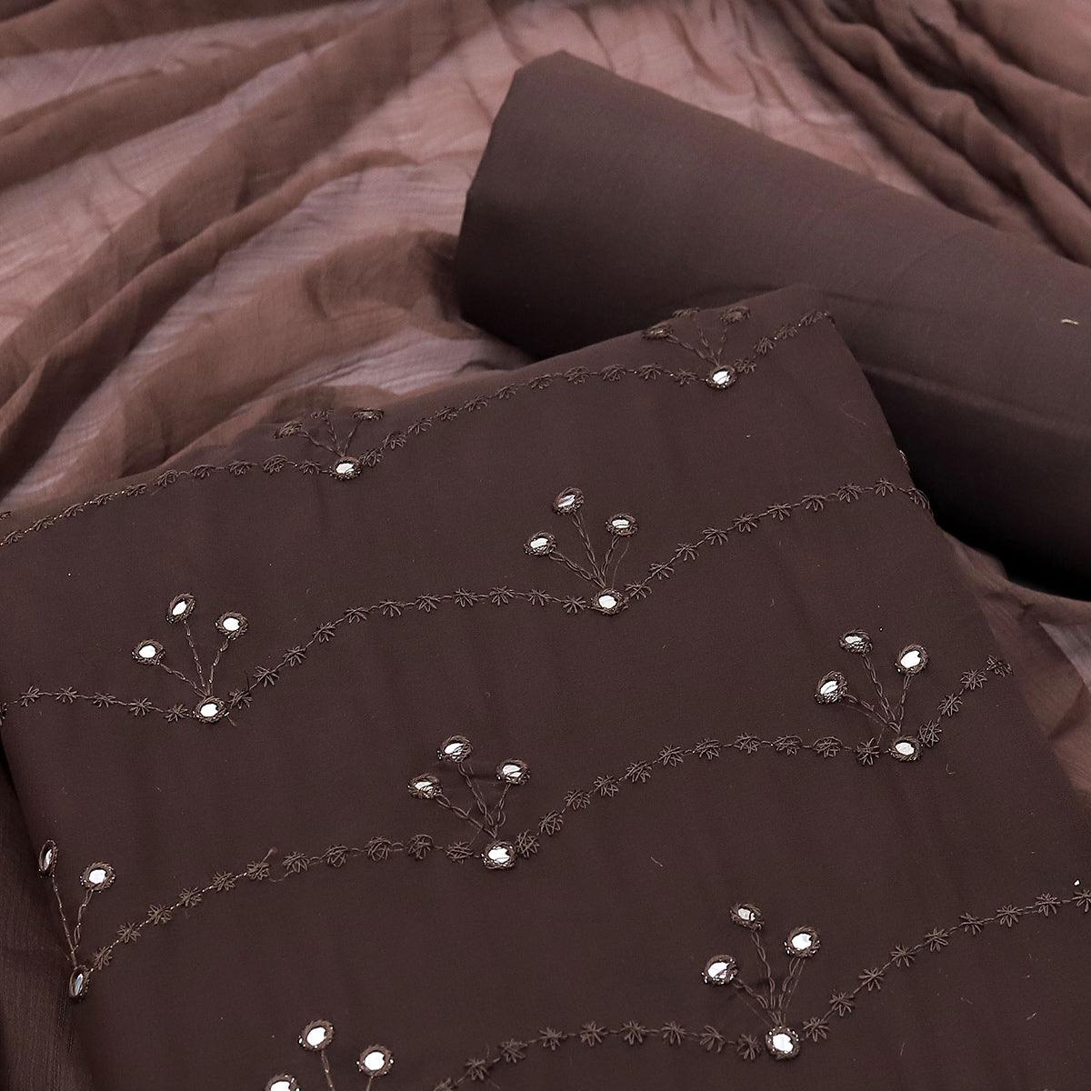 Brown Embellished With Embroidered Georgette Dress Material