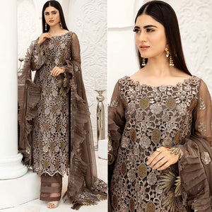 Brown Embellished With Embroidered Net Pakistani Suit
