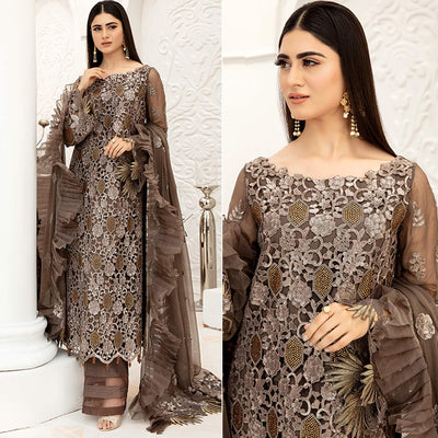 Brown Embellished With Embroidered Net Pakistani Suit