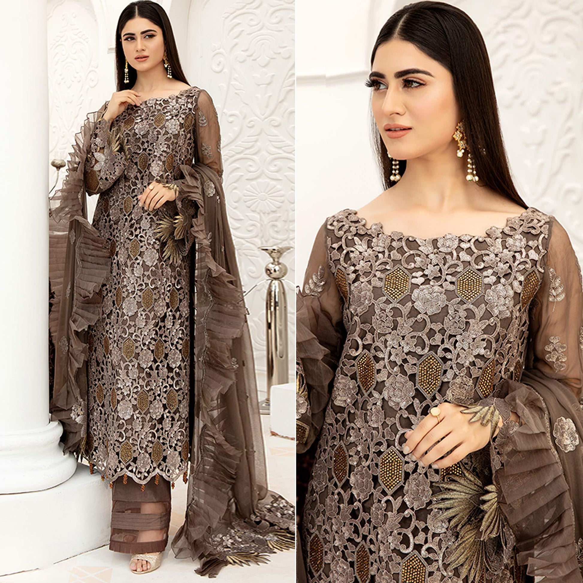 Brown Embellished With Embroidered Net Pakistani Suit