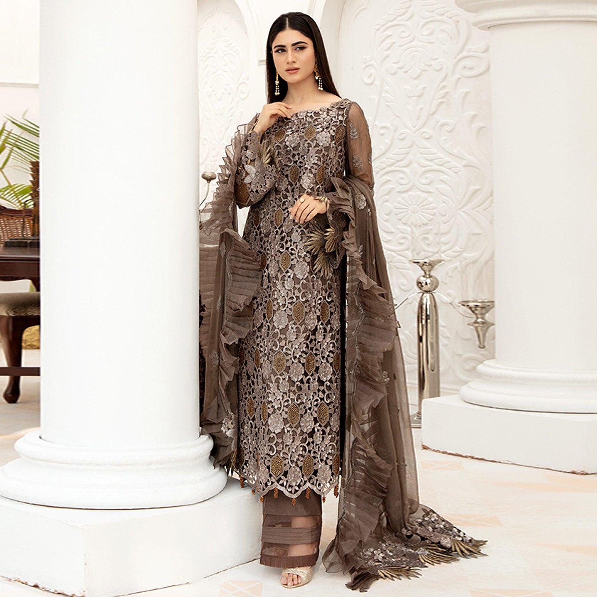 Brown Embellished With Embroidered Net Pakistani Suit