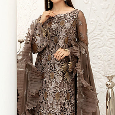 Brown Embellished With Embroidered Net Pakistani Suit