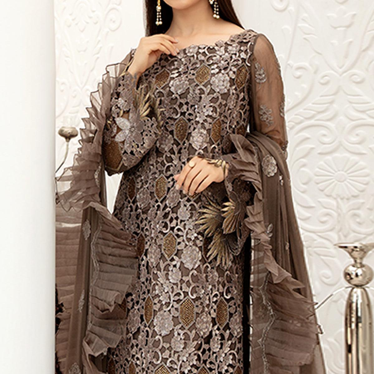 Brown Embellished With Embroidered Net Pakistani Suit