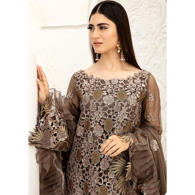 Brown Embellished With Embroidered Net Pakistani Suit