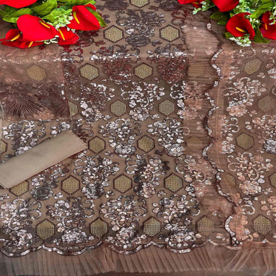 Brown Embellished With Embroidered Net Pakistani Suit
